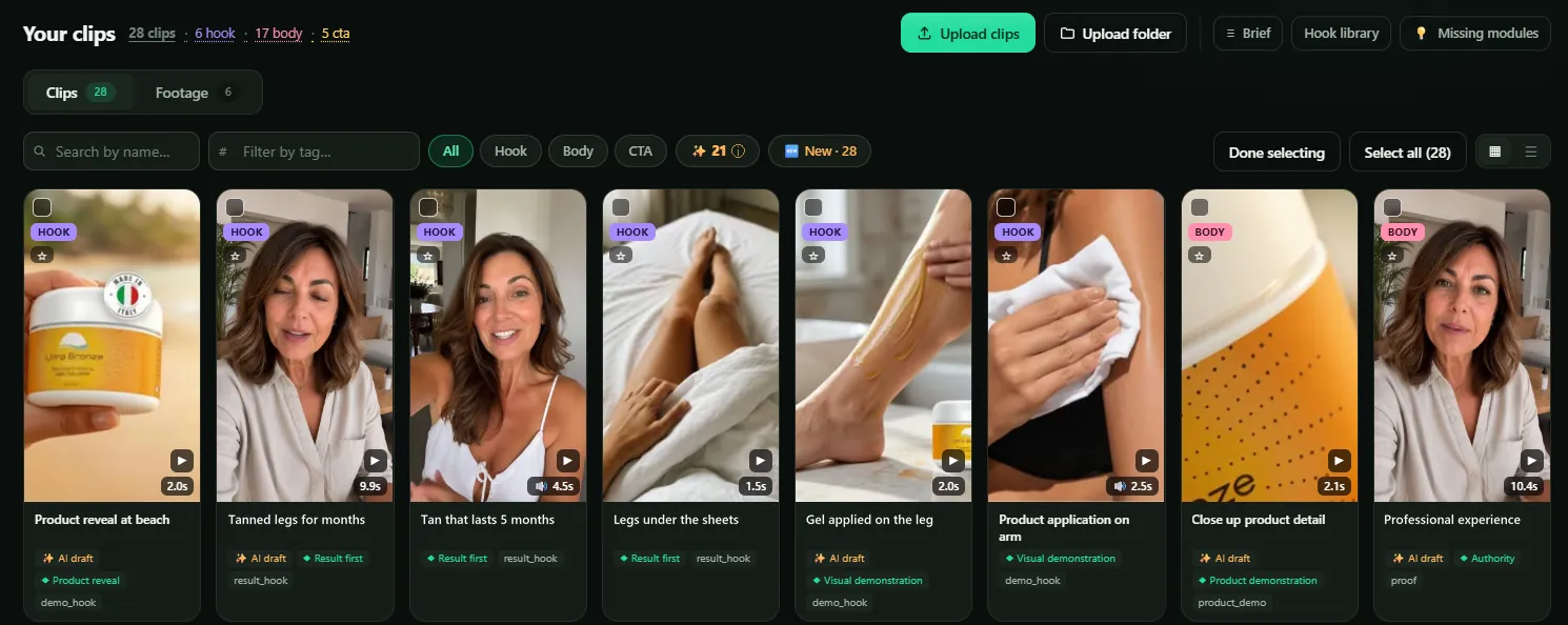 The Clips screen in raw2ads: 28 clips split from 6 videos, tagged hook, body and CTA