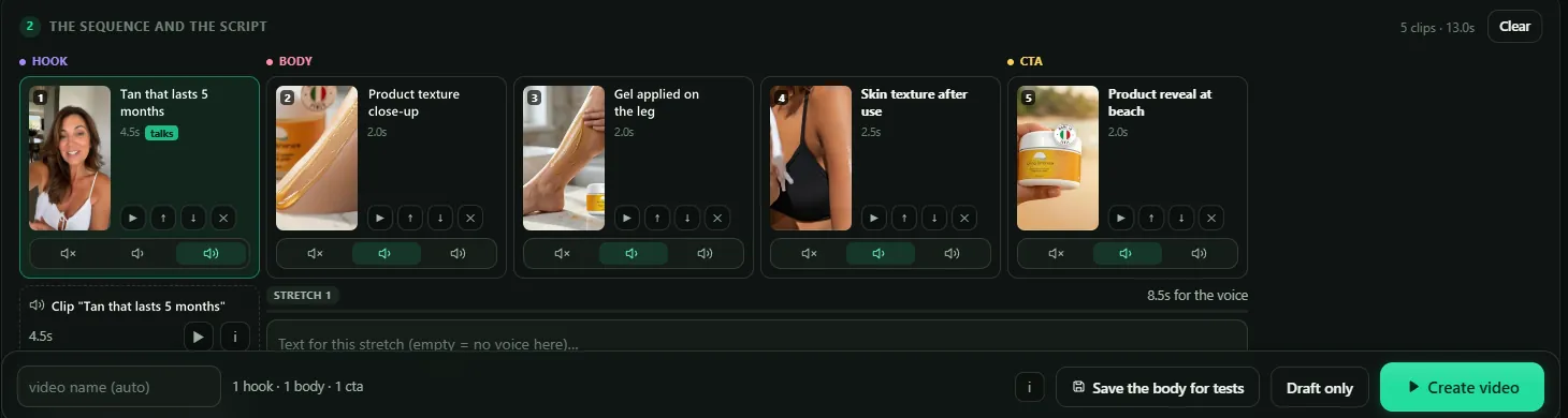 The Compose screen: hook, body and CTA lanes with five clips and the Create video button
